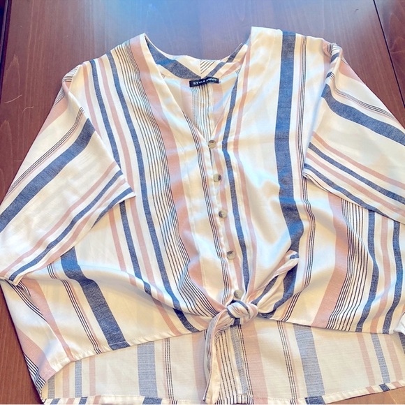 Style envy Striped Button-Down Tie-Front Top - Picture 1 of 3